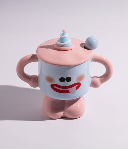 كوب قهوة سيراميك بتصميم وجوه مرحة مع غطاء وملعقة