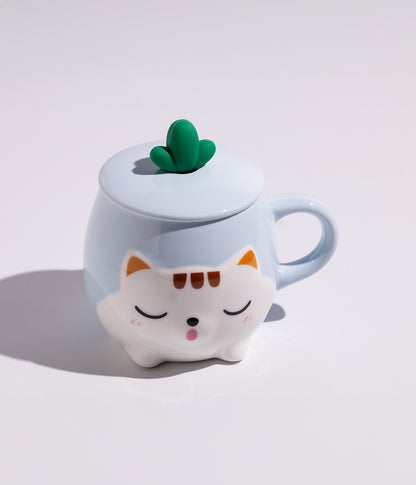 كوب قهوة سيراميك بتصميم قطط لطيفة مع غطاء وملعقة