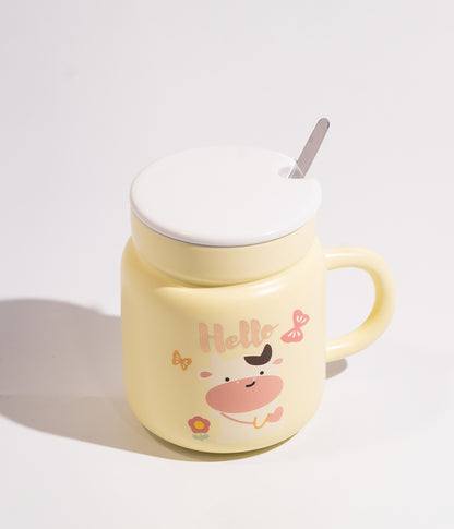 كوب سيراميك بتصميم البقرة المرحة مع غطاء وملعقة