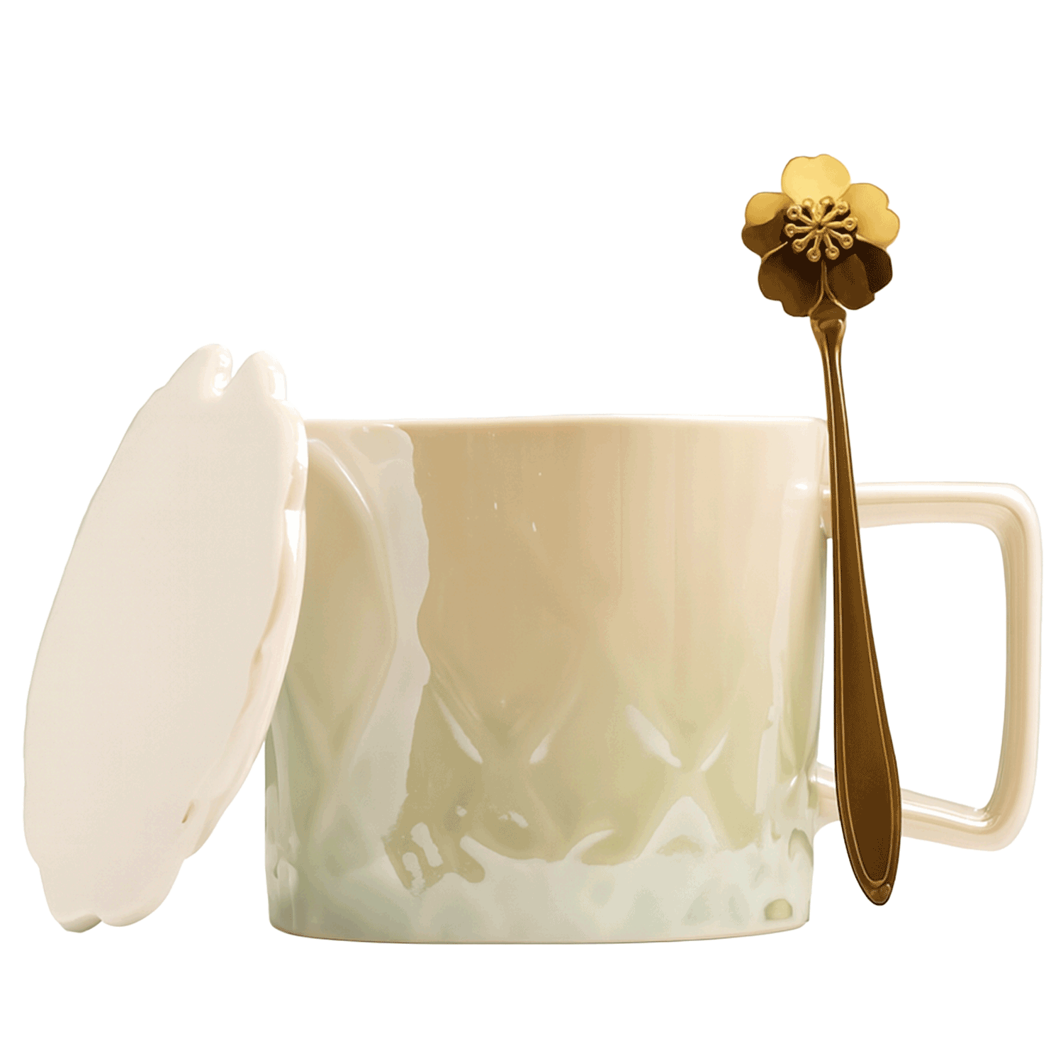Gradient color ceramic mug with cherry blossom design and golden spoon