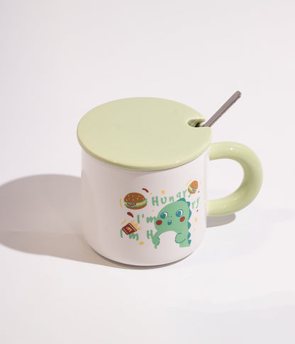 كوب قهوة سيراميك ابيض بتصميم ديناصور مرح مزود بغطاء اخضر وملعقة
