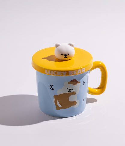 كوب سيراميك بتصميم مجسم رأس الدب على الملعقة مع غطاء