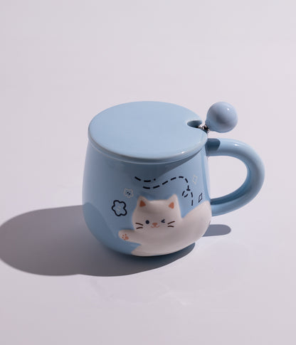 كوب سيراميك برسمة قطة مرحة مع غطاء وملعقة