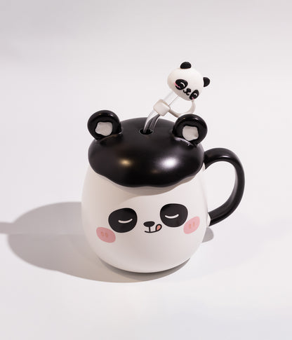 كوب قهوة سيراميك بتصميم باندا وغطاء أذنين بارز مع مزاز