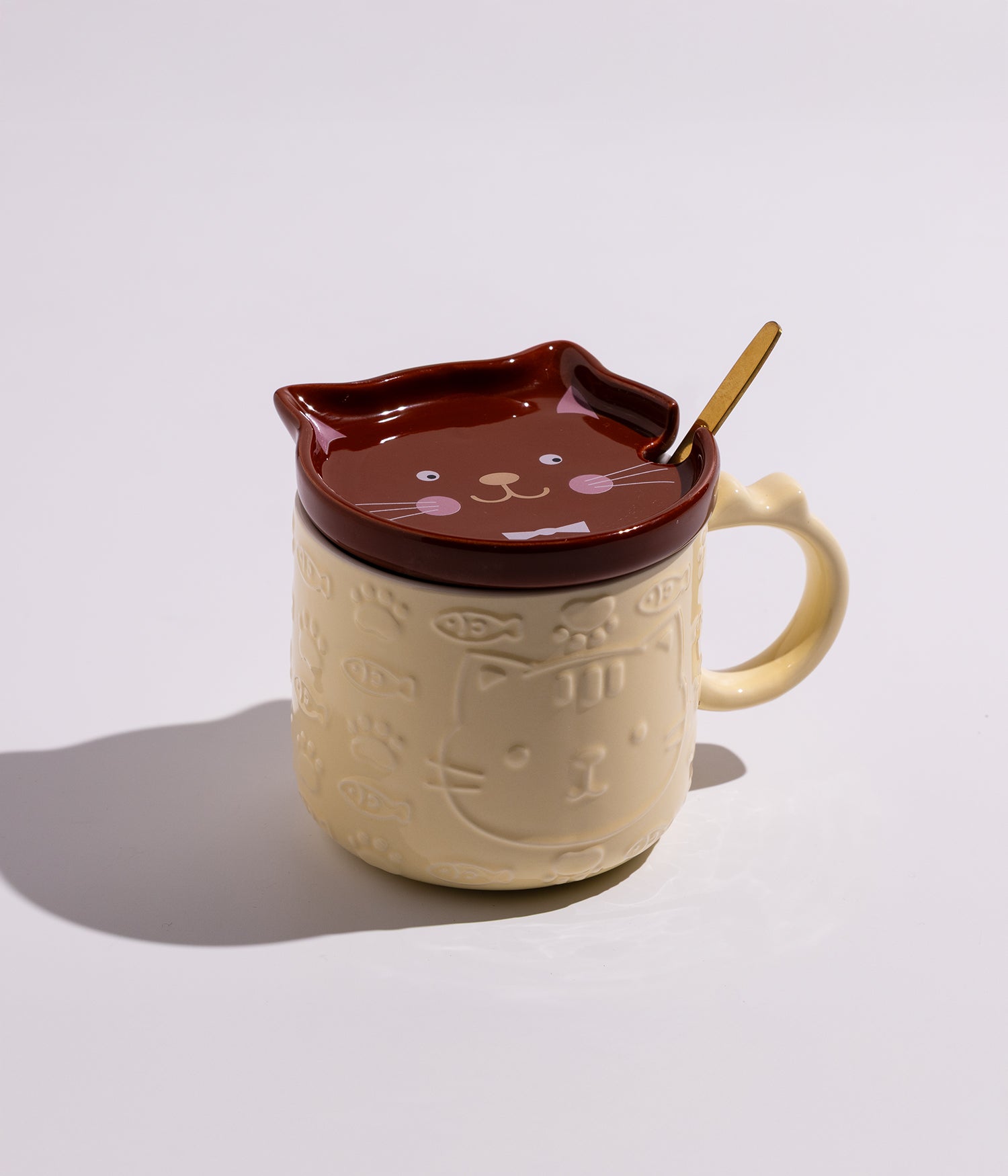كوب سيراميك بتصميم قطة مع غطاء وملعقة