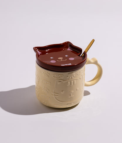 كوب سيراميك بتصميم قطة مع غطاء وملعقة