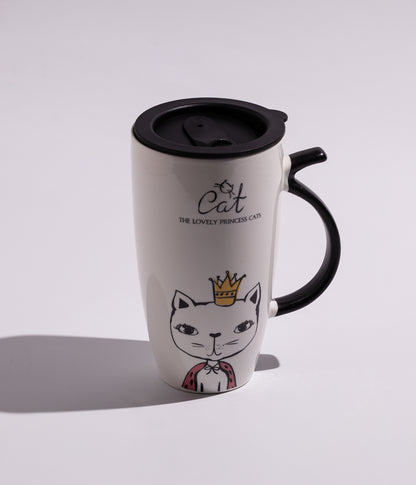 كوب سيراميك برسومات قطط وغطاء أسود لحفظ المشروبات