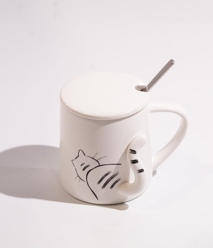 كوب سيراميك بتصميم قطة مع ملعقة وغطاء