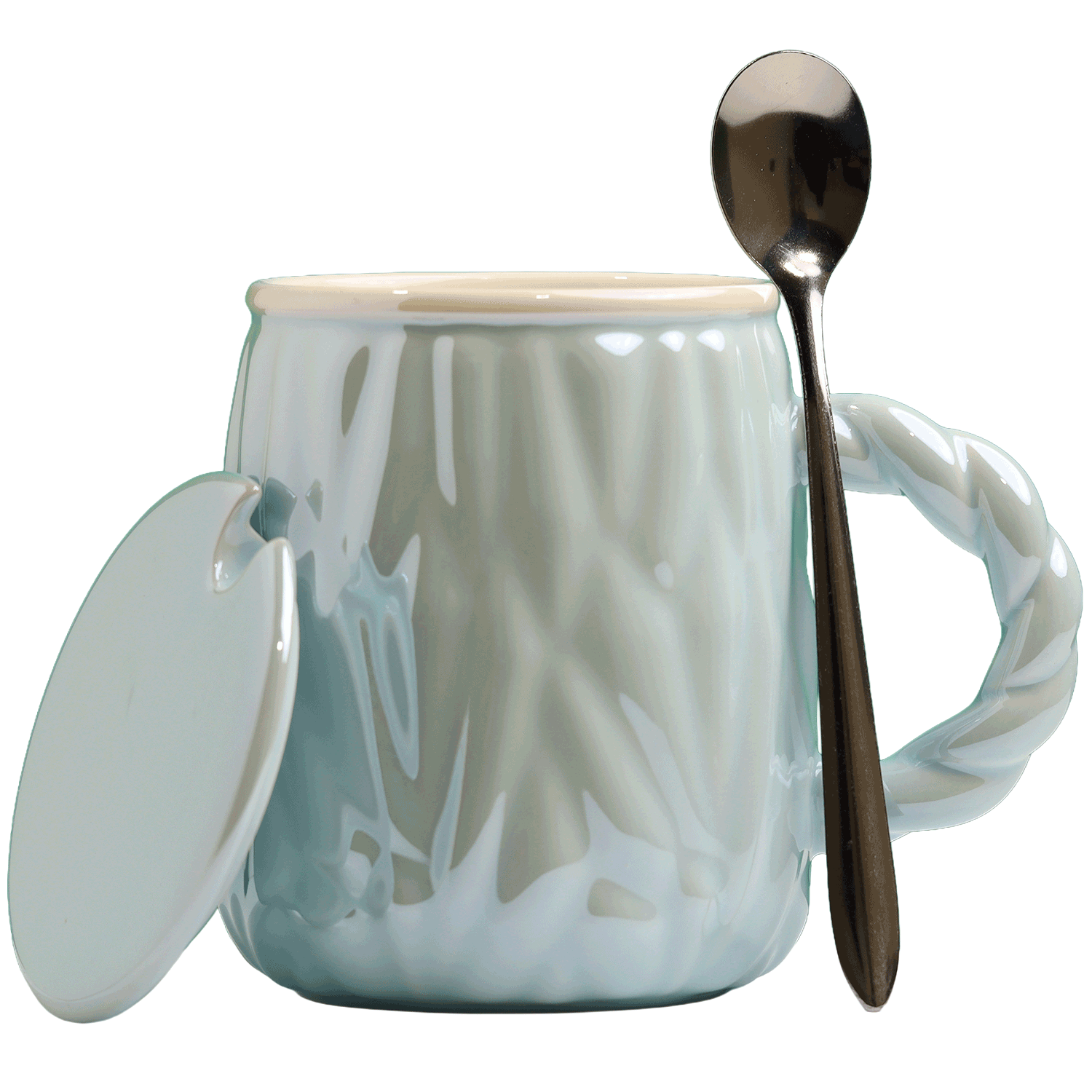 Wave Design Ceramic Coffee Mug with Lid and Spoon