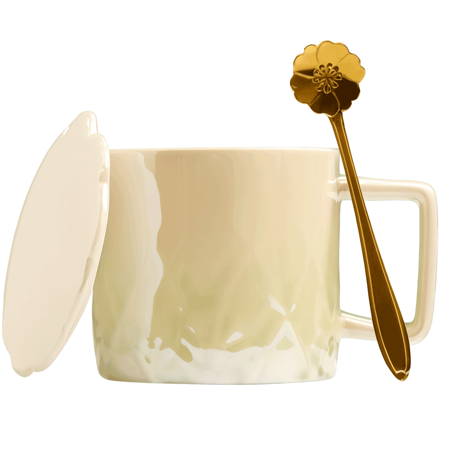 Cherry Blossom Design Ceramic Coffee Mug with Gold Spoon and Lid