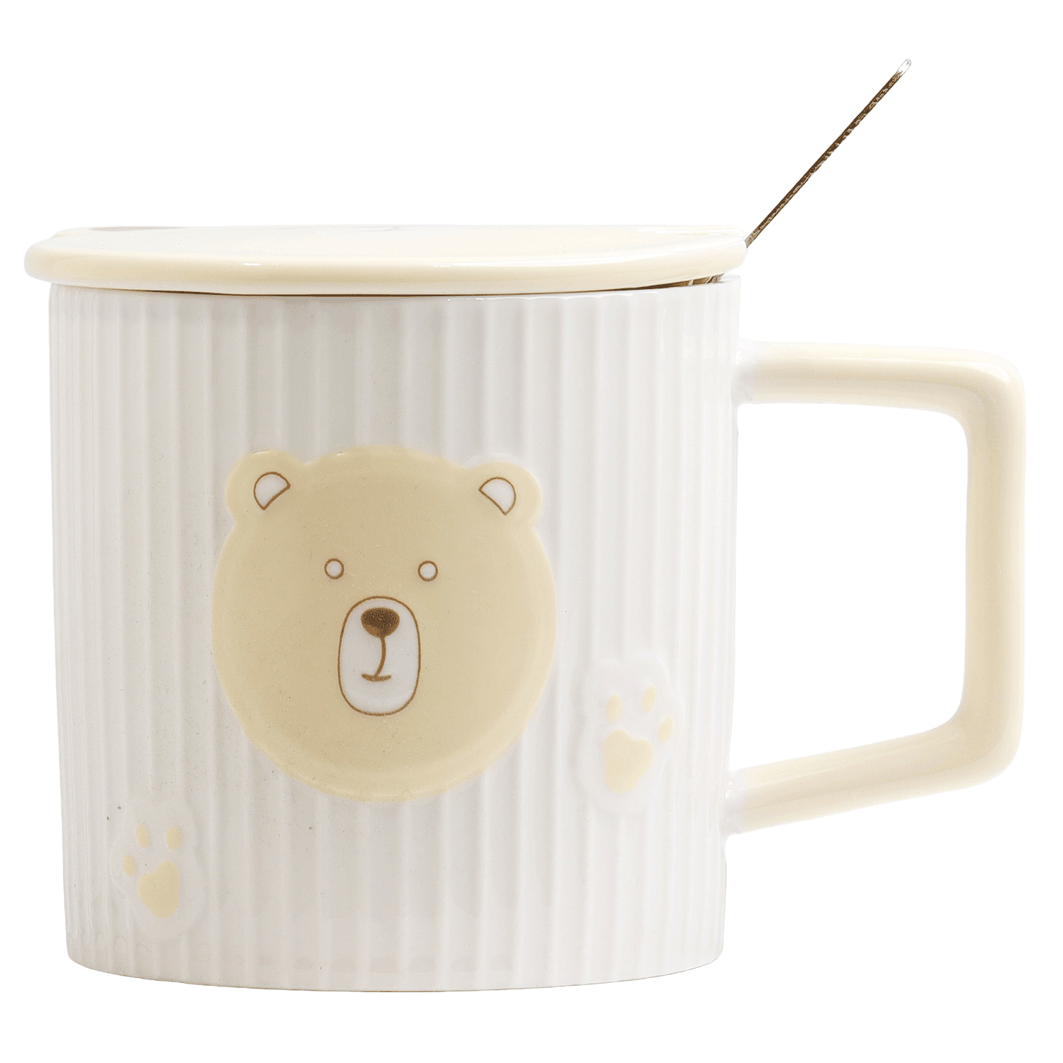 Ceramic mug with bear face and paw design, with lid and spoon