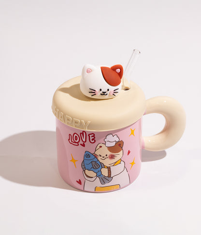 كوب سيراميك بتصميم حيوانات لطيفة مختلفة بغطاء ومزاز