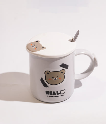 كوب قهوة سيراميك ابيض برسمة وجه الدب مع ملعقة وغطاء