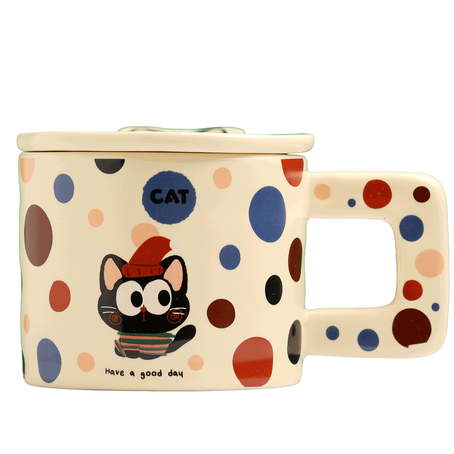 Ceramic mug with a cat and colorful dots design and a heat-preserving lid
