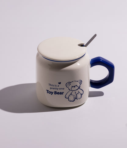 كوب قهوة سيراميك برسومات دببة لطيفة مع غطاء وملعقة