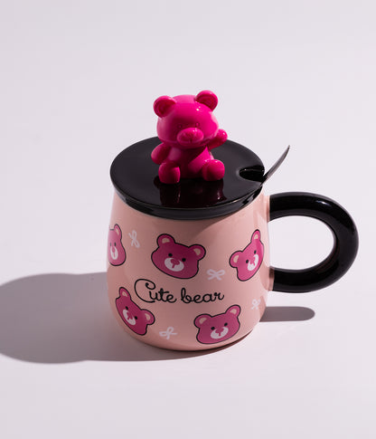 كوب سيراميك بتصميم مجسم الدب على الغطاء مع ملعقة