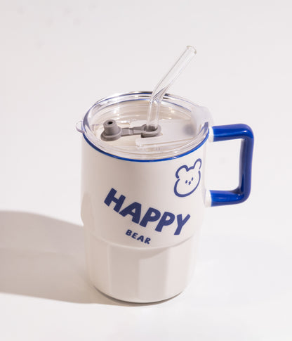 كوب سيراميك بكتابة LUCKY & HAPPY ووجه أرنب ودب مزوّد بغطاء عملي ومزاز