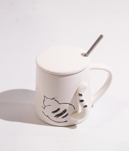 كوب سيراميك بتصميم قطة مع ملعقة وغطاء