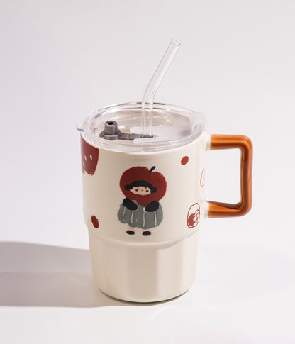 كوب سيراميك بتصميم فتاة صغيرة مع فاكهة بغطاء محكم ومزاز