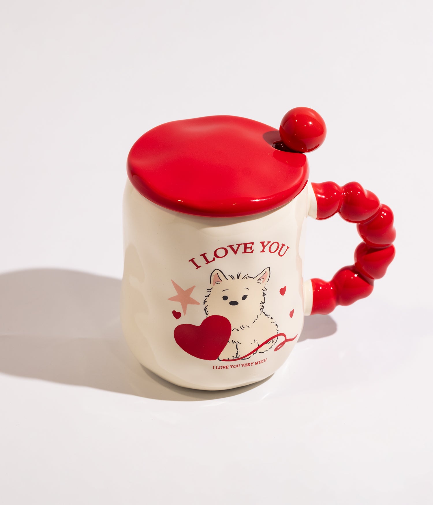 كوب قهوة سيراميك I LOVE YOU مع غطاء احمر وملعقة