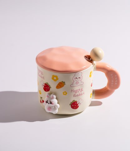 كوب سيراميك بتصميم حيوانات مختلفة لطيفة مع غطاء وملعقة