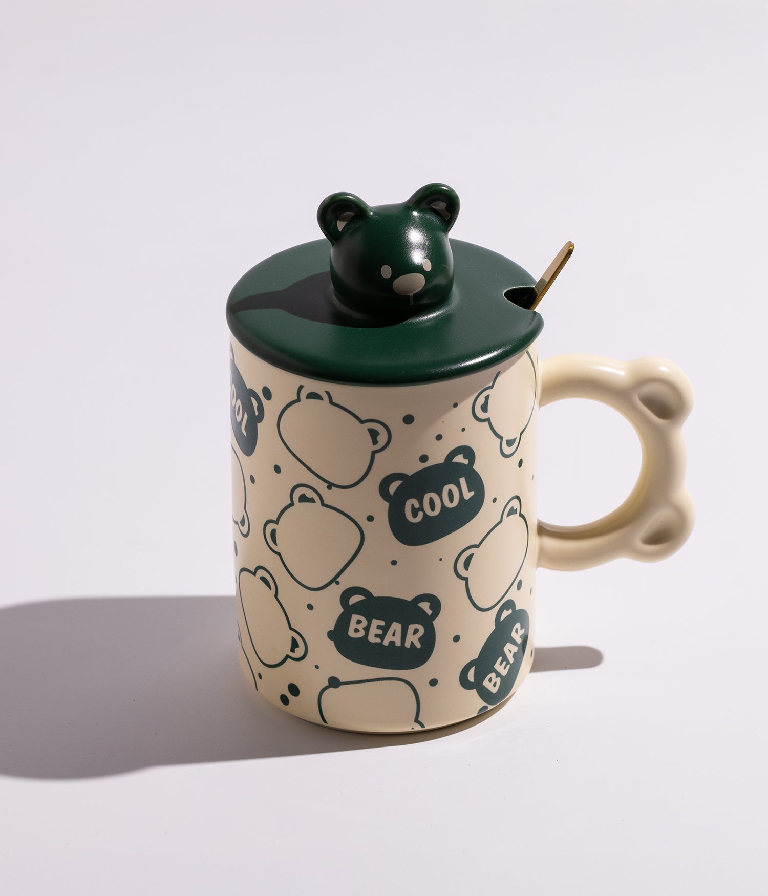 كوب قهوة سيراميك بتصميم مجسم رأس الدب على الغطاء مع ملعقة
