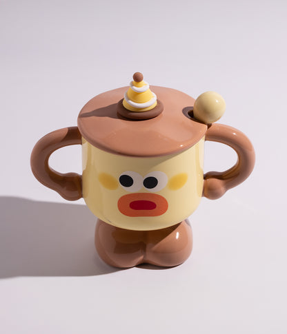 كوب قهوة سيراميك بتصميم وجوه مرحة مع غطاء وملعقة