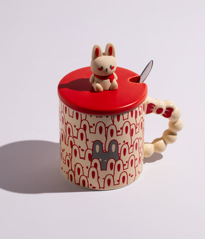 كوب قهوة سيراميك بتصميم أرانب لطيفة مع غطاء وملعقة