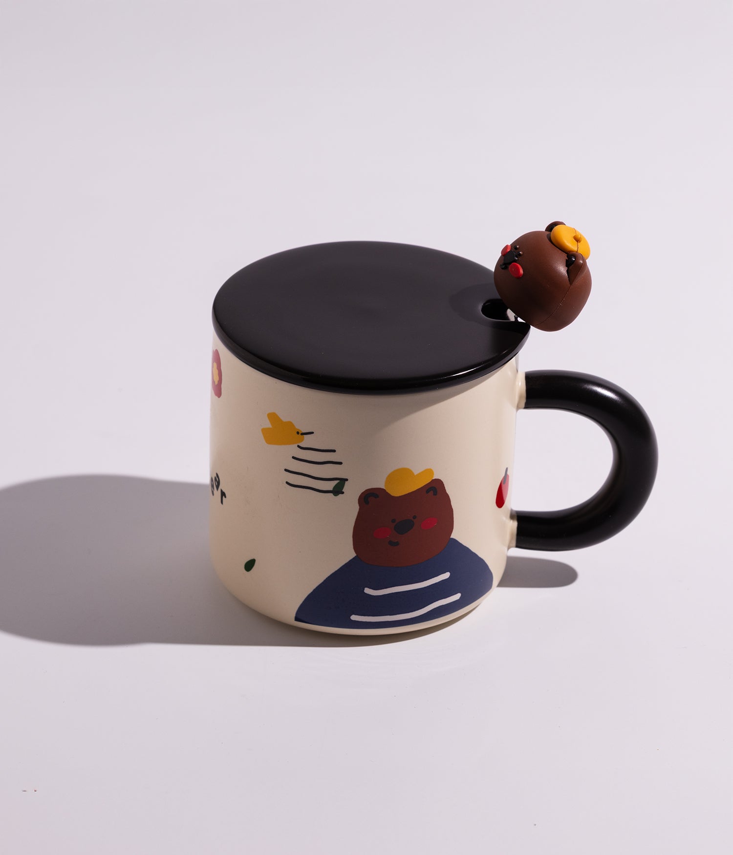 كوب سيراميك بتصميم شخصيات كرتونية مرحة مع غطاء وملعقة
