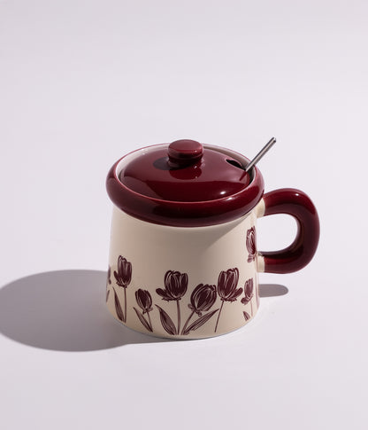 كوب قهوة سيراميك برسومات ورود متنوعة مع غطاء وملعقة