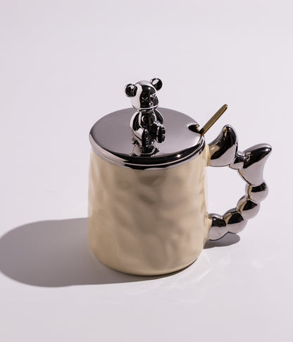 كوب قهوة سيراميك بتصميم مجسم دب على الغطاء مع ملعقة