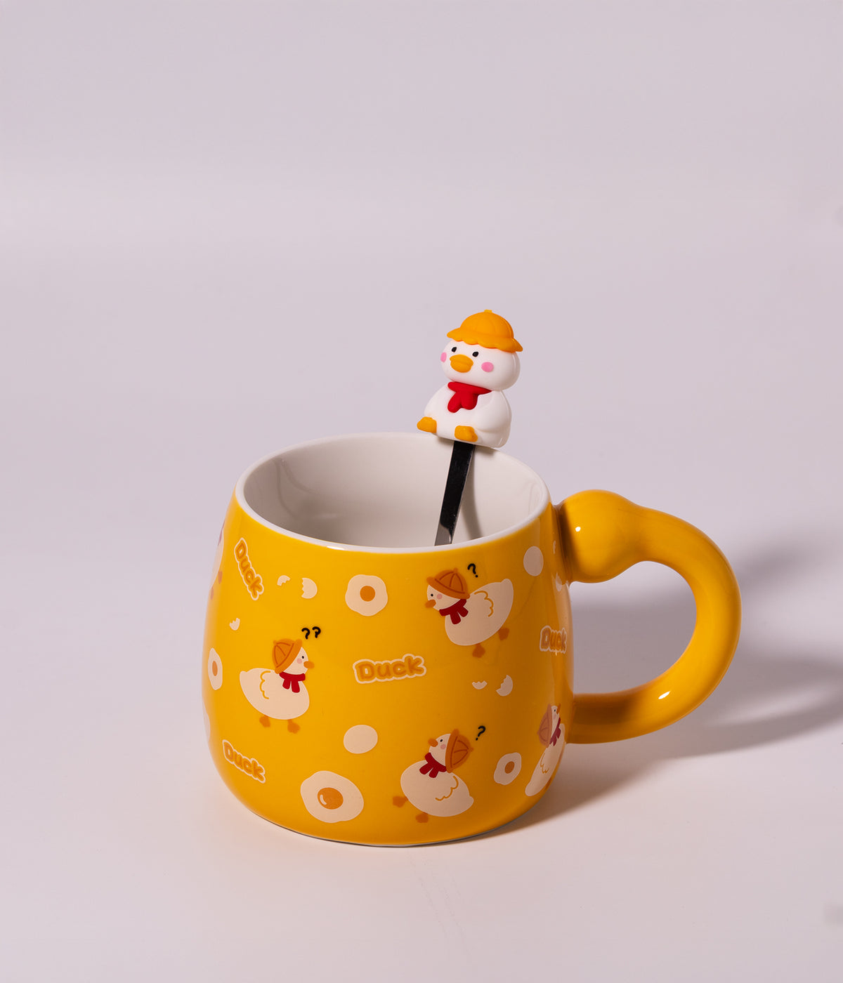 كوب قهوة سيراميك بتصميم بطة صفراء مع غطاء وملعقة