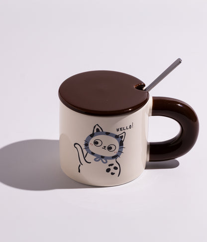 كوب سيراميك بتصميم قطط مرحة مع غطاء وملعقة