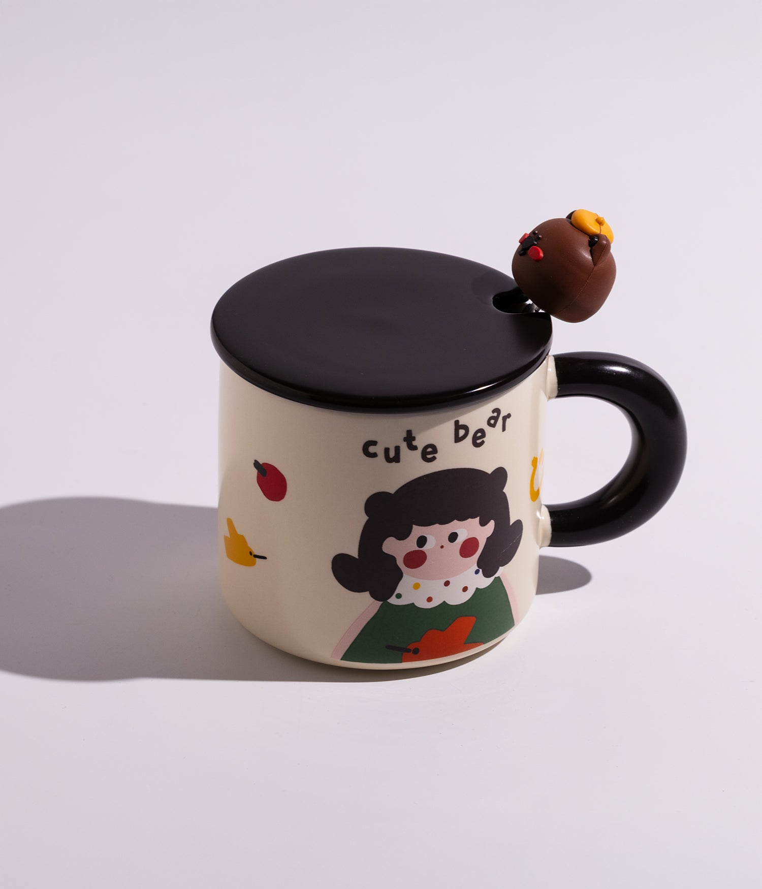 كوب سيراميك بتصميم شخصيات كرتونية مرحة مع غطاء وملعقة