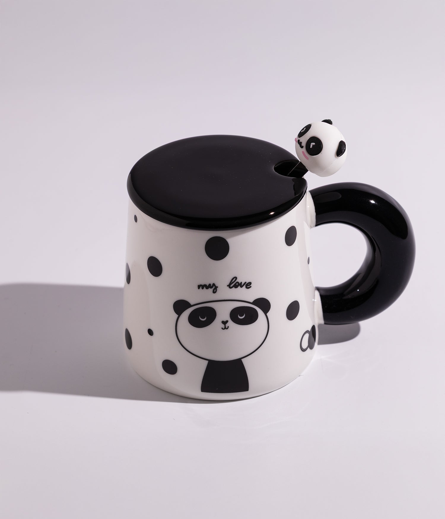 كوب قهوة سيراميك برسومات باندا مرح مع غطاء وملعقة