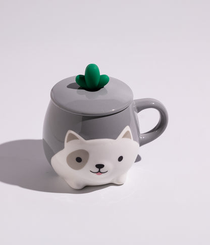 كوب قهوة سيراميك بتصميم قطط لطيفة مع غطاء وملعقة