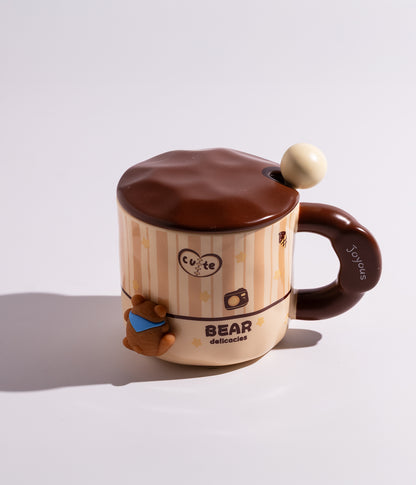 كوب سيراميك بتصميم حيوانات مختلفة لطيفة مع غطاء وملعقة