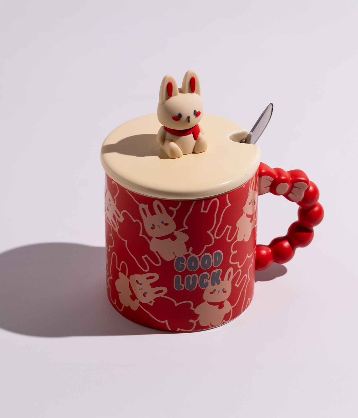 كوب قهوة سيراميك بتصميم أرانب لطيفة مع غطاء وملعقة