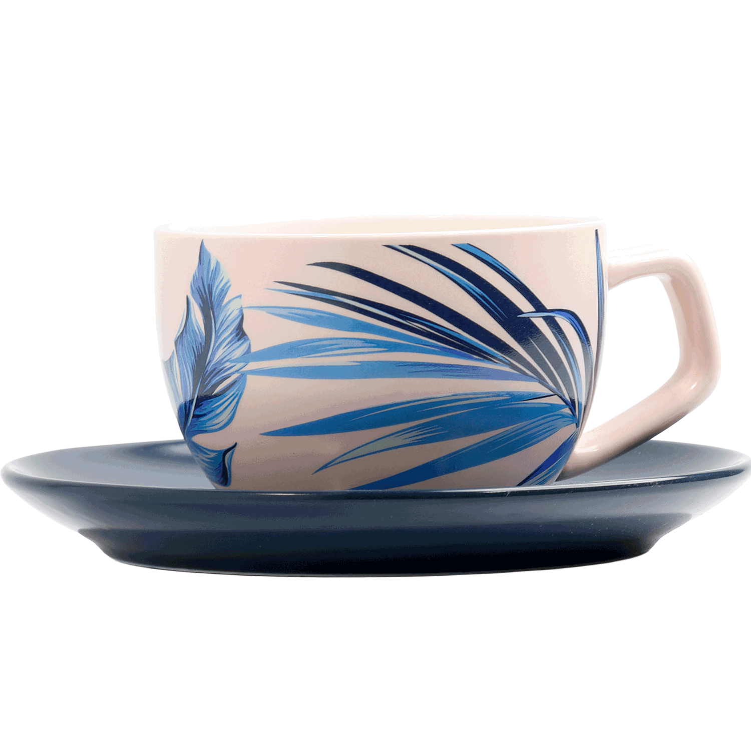 Blue tropical leaf design ceramic cup with golden saucer and spoon