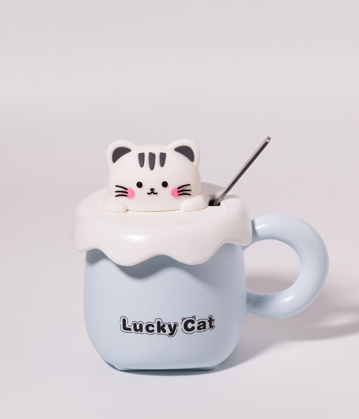 كوب قهوة سيراميك بتصميم قط على الغطاء مع ملعقة