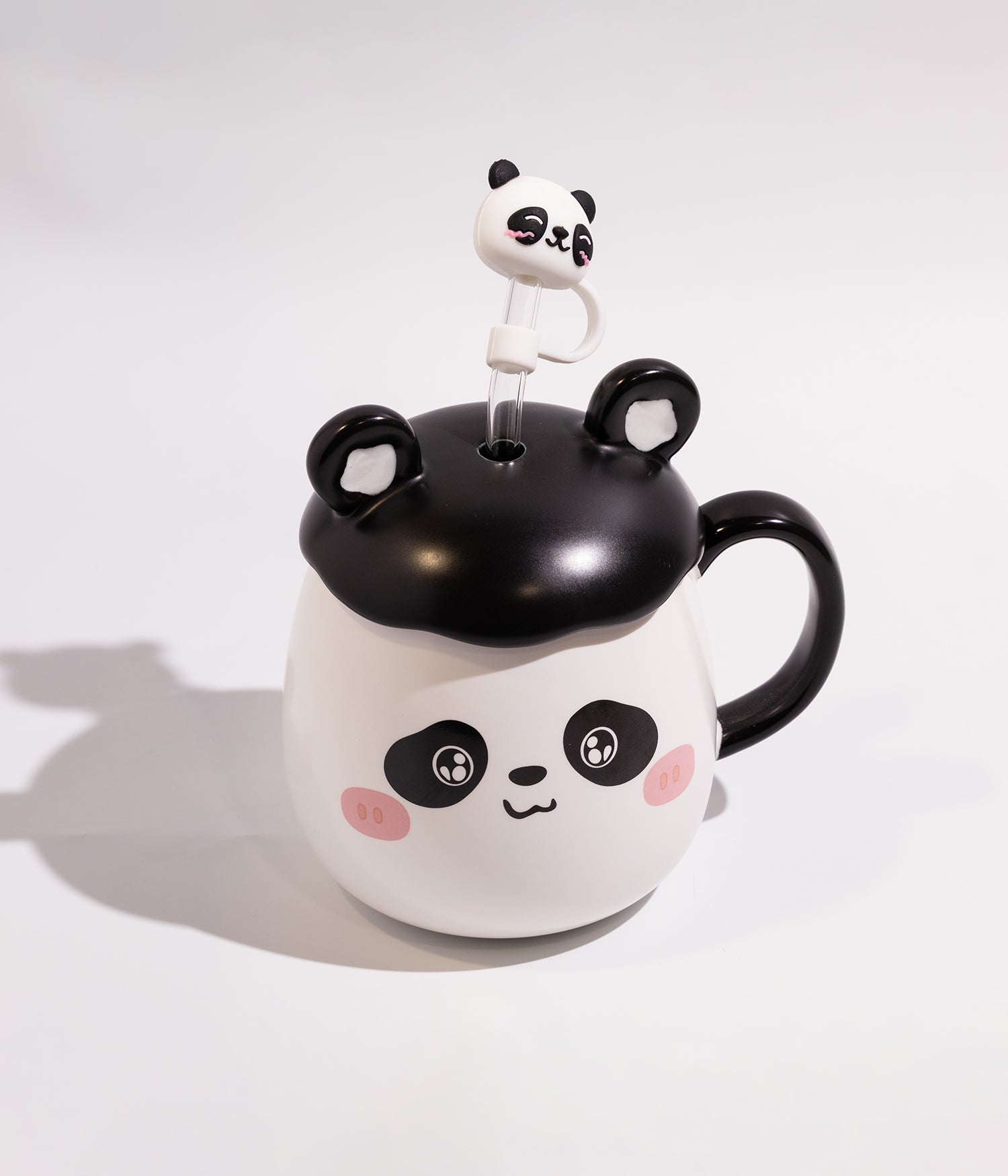 كوب قهوة سيراميك بتصميم باندا وغطاء أذنين بارز مع مزاز