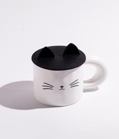 كوب سيراميك بتصميم وجه قطة مبتسمة مع غطاء بأذنين