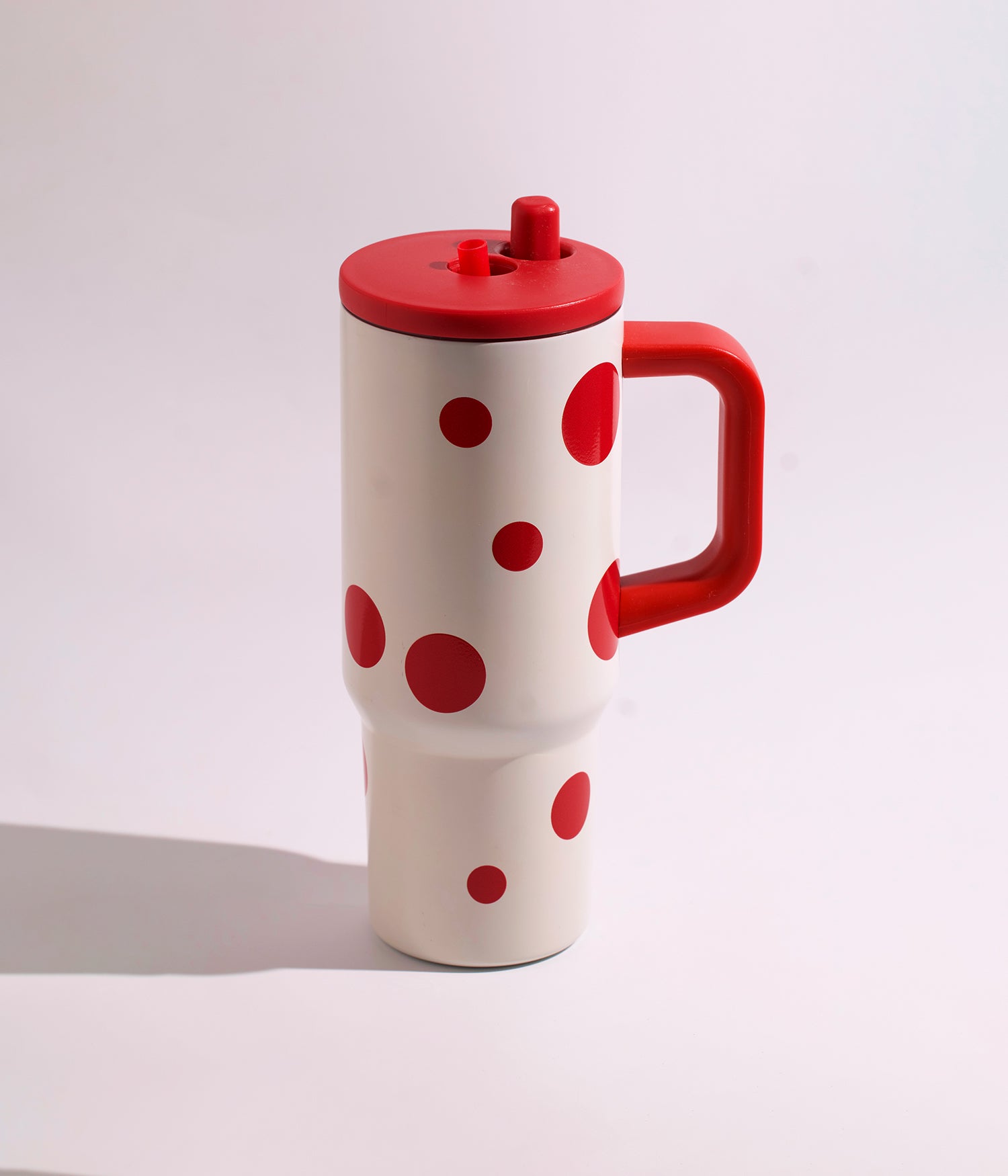 كوب حراري ستانلس ستيل كريمي وأحمر منقط بغطاء محكم مزاز