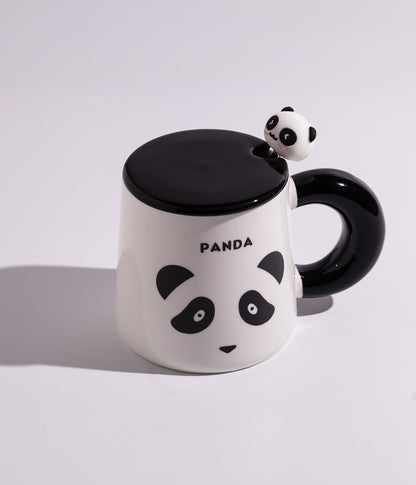 كوب قهوة سيراميك برسومات باندا مرح مع غطاء وملعقة