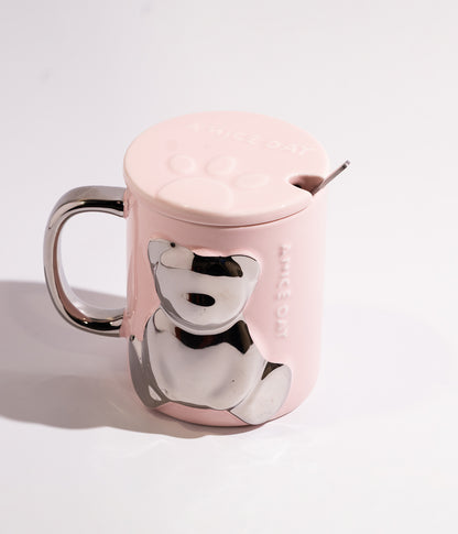 كوب سيراميك بتصميم دب ميتاليك بارز مع غطاء وملعقة