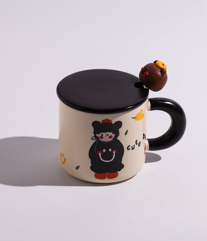 كوب سيراميك بتصميم شخصيات كرتونية مرحة مع غطاء وملعقة