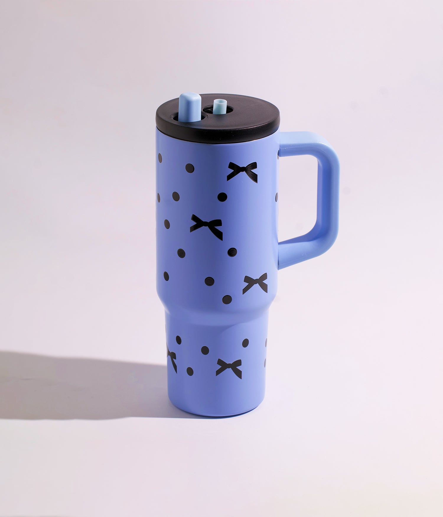 كوب حراري ستانلس ستيل أزرق بتصميم بابيونات وبغطاء محكم مع مزاز