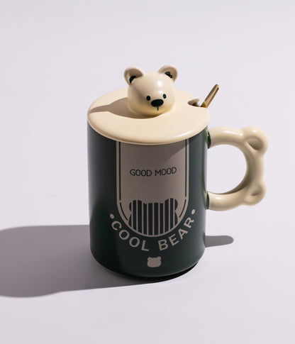 كوب قهوة سيراميك بتصميم مجسم رأس الدب على الغطاء مع ملعقة