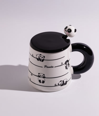 كوب قهوة سيراميك برسومات باندا مرح مع غطاء وملعقة