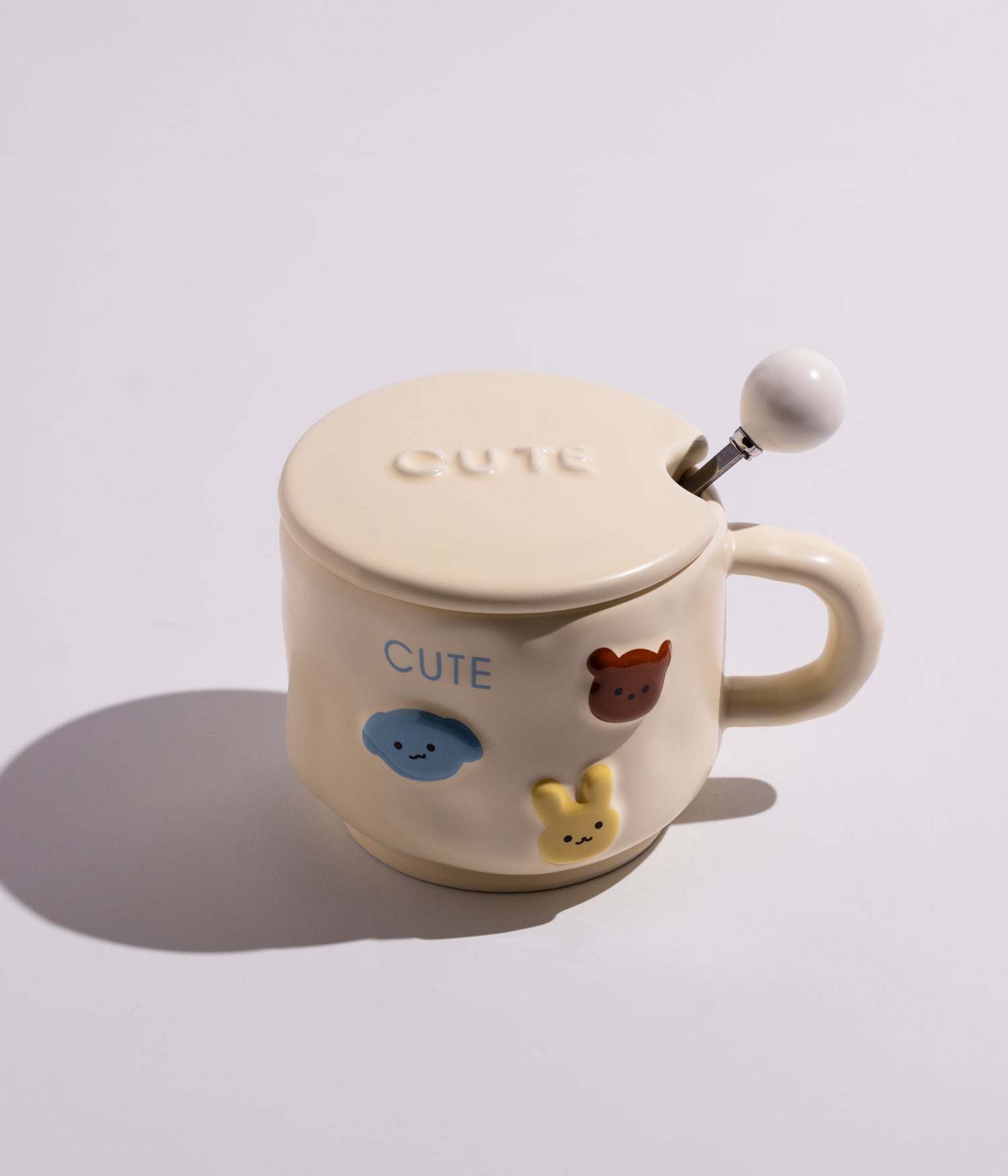 كوب سيراميك بتصميم وجوه حيوانات لطيفة مع غطاء وملعقة